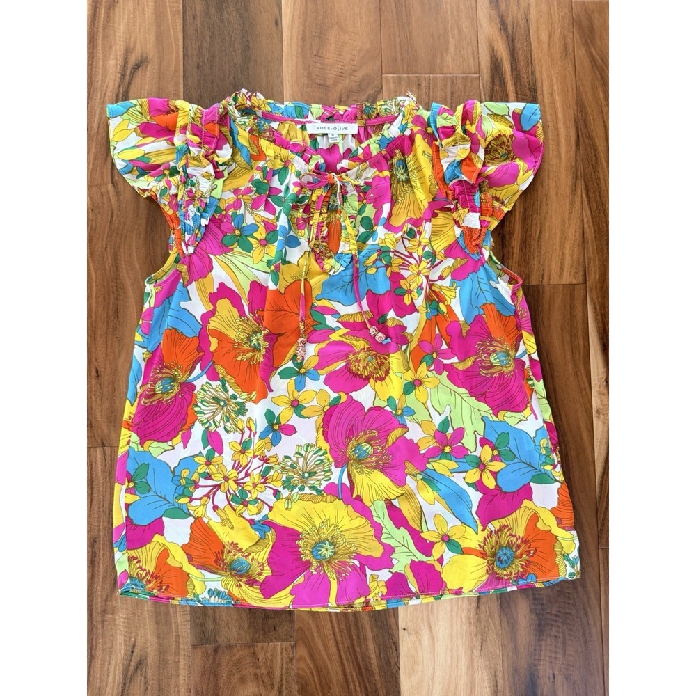 Rose And Olive Top Womens Small Pink Floral Ruffle Cap Sleeve Bright Boho Hippie